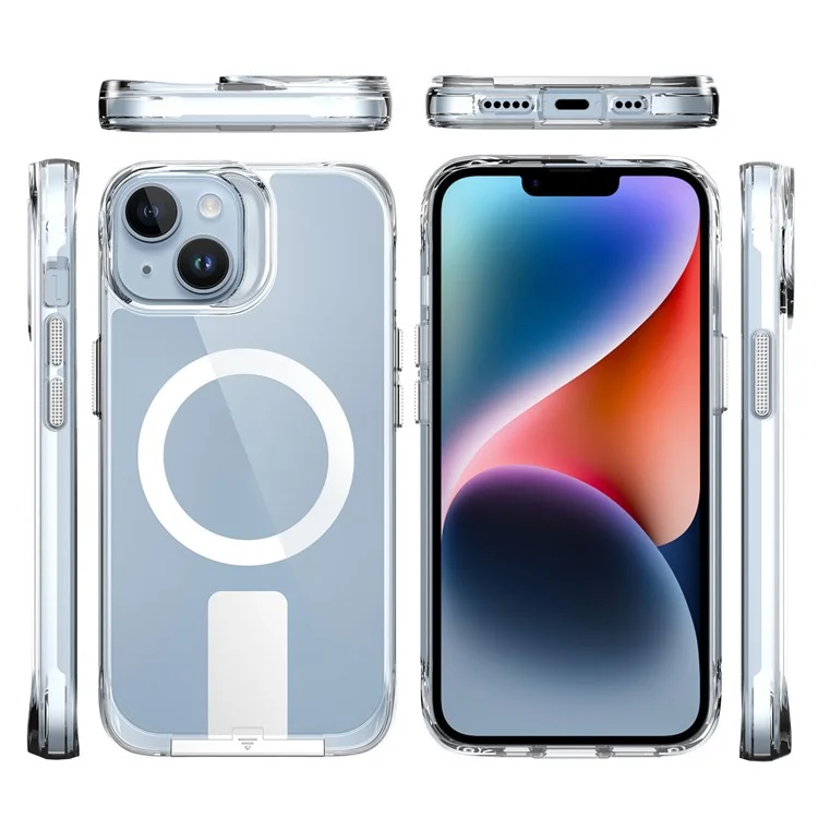 For iPhone 15 Plus / 14 Plus Clear Phone Case Compatible with MagSafe TPU+PC Anti-drop Kickstand Cover - Transparent