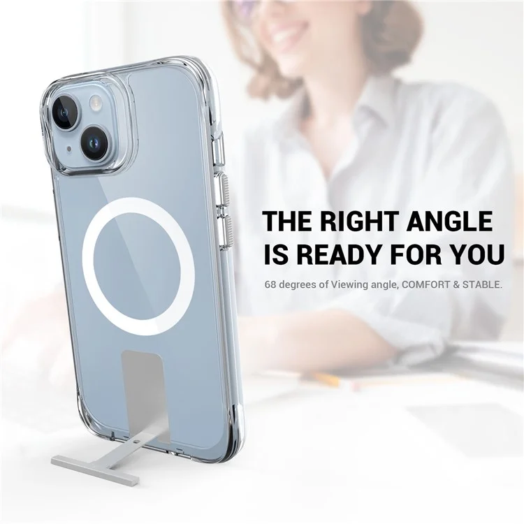 For iPhone 15 Plus / 14 Plus Clear Phone Case Compatible with MagSafe TPU+PC Anti-drop Kickstand Cover - Transparent