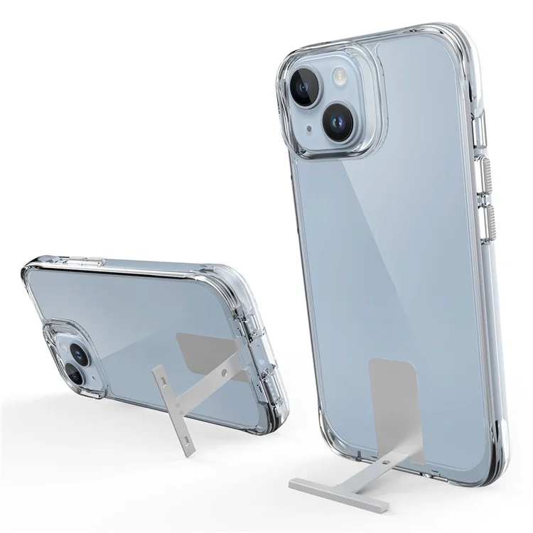 For iPhone 14 Plus Aluminum Alloy Kickstand Phone Case Transparent TPU+PC Cover - Transparent