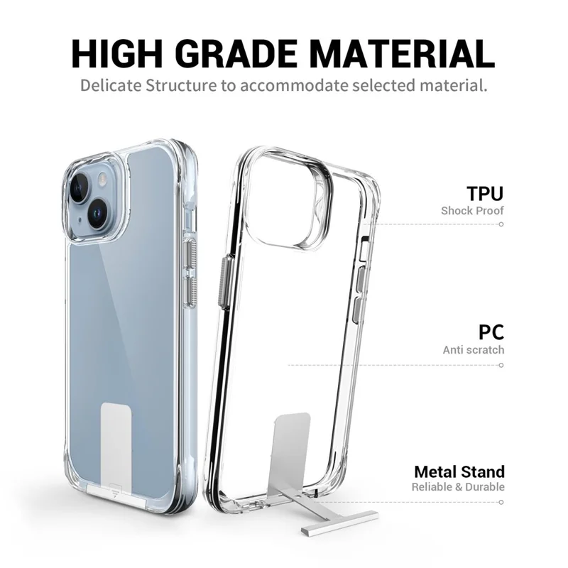 For iPhone 14 Plus Aluminum Alloy Kickstand Phone Case Transparent TPU+PC Cover - Transparent