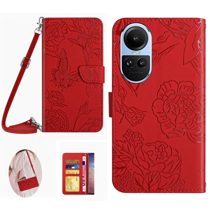 HT03 For Oppo Reno10 Pro 5G (Global) / Reno10 5G (Global) Stand Phone Cover Imprinted Leather Wallet Case with Shoulder Strap - Red