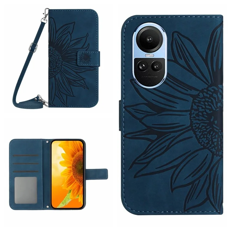 HT04 Para Oppo Reno10 Pro 5G (Global) / Reno10 5G (Global) Funda de Teléfono de Cuero con Soporte y Correa para el Hombro - Azul Oscuro