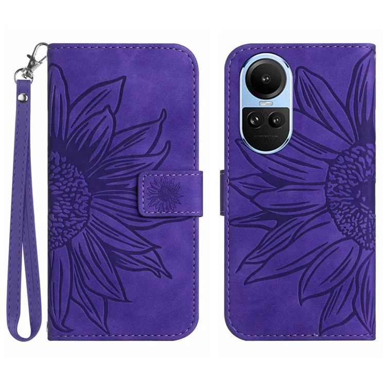 HT04 Wallet Phone Case for Oppo Reno10 Pro 5G (Global) / Reno10 5G (Global), Sunflower Pattern Stand Leather Cover with Hand Strap - Dark Purple