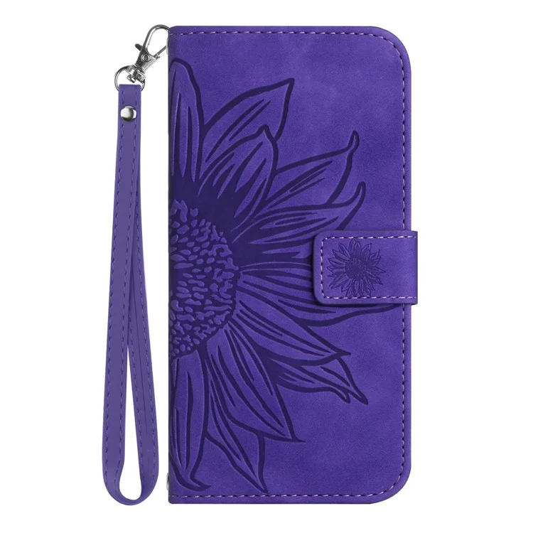 HT04 Wallet Phone Case for Oppo Reno10 Pro 5G (Global) / Reno10 5G (Global), Sunflower Pattern Stand Leather Cover with Hand Strap - Dark Purple