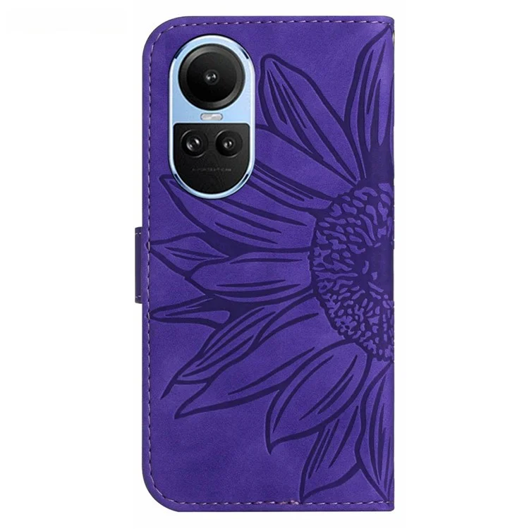 HT04 Wallet Phone Case for Oppo Reno10 Pro 5G (Global) / Reno10 5G (Global), Sunflower Pattern Stand Leather Cover with Hand Strap - Dark Purple