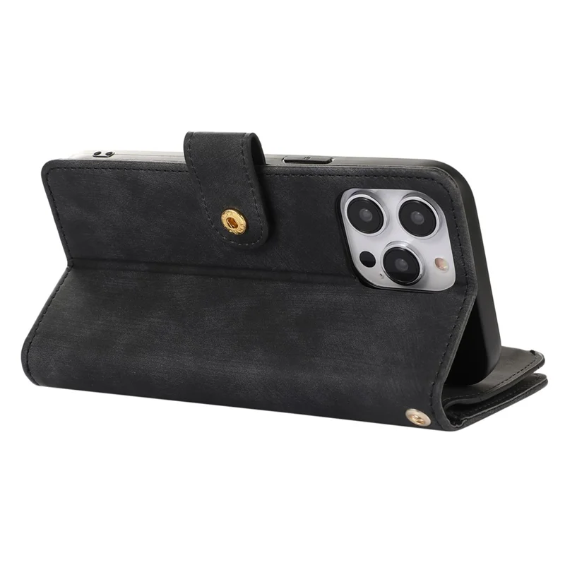 Pour iPhone 15 Pro Housse de téléphone à poche à fermeture éclair Fentes pour cartes multiples Style de soudure Étui en cuir PU - Noir