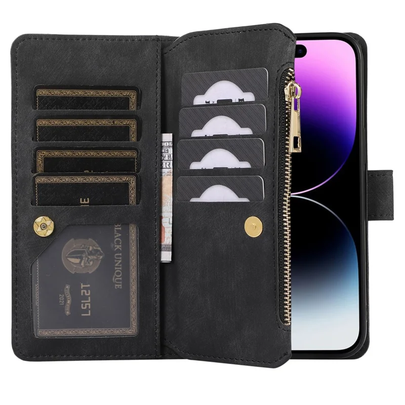 Pour iPhone 15 Pro Housse de téléphone à poche à fermeture éclair Fentes pour cartes multiples Style de soudure Étui en cuir PU - Noir