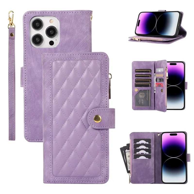 For iPhone 15 Pro Max Phone Case Zipper Pocket Splicing Style PU Leather Phone Cover with Multiple Card Slots - Purple