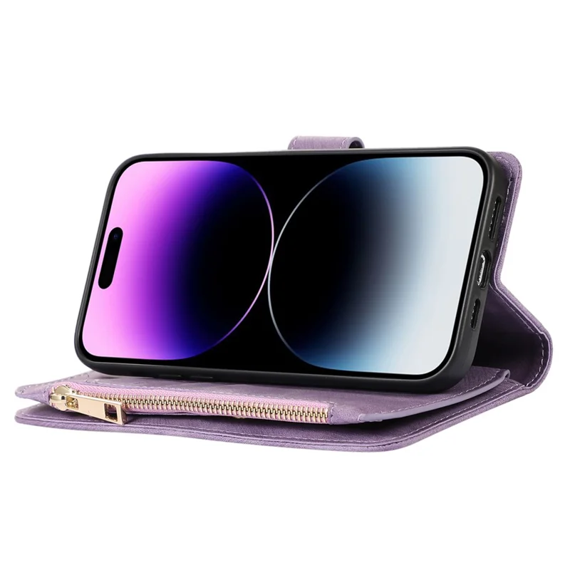 For iPhone 15 Pro Max Phone Case Zipper Pocket Splicing Style PU Leather Phone Cover with Multiple Card Slots - Purple
