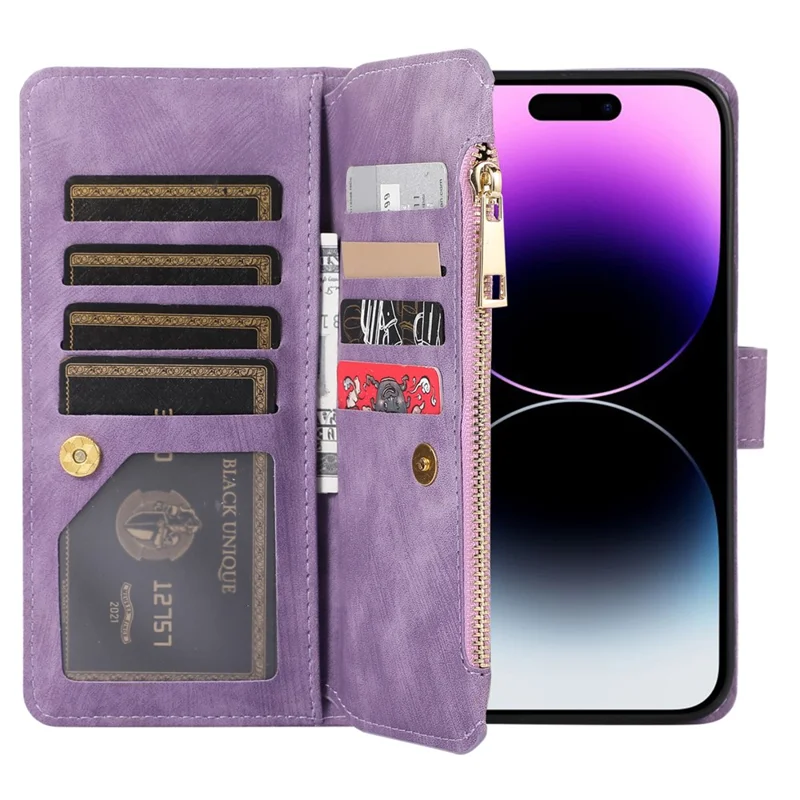 For iPhone 15 Pro Max Phone Case Zipper Pocket Splicing Style PU Leather Phone Cover with Multiple Card Slots - Purple