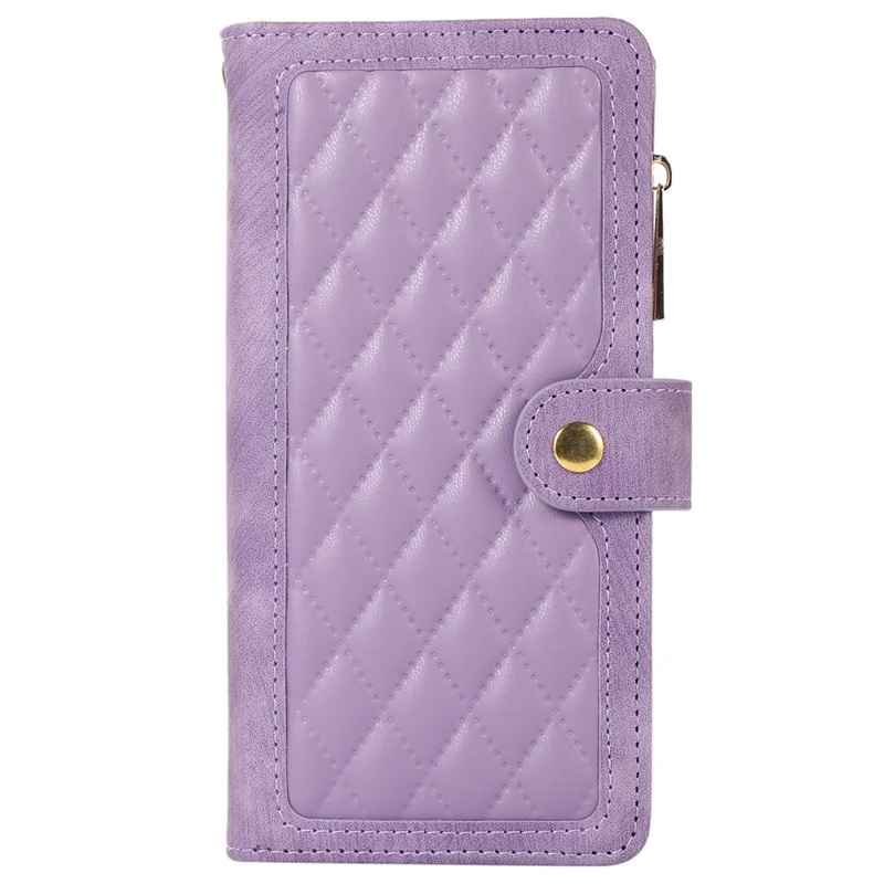 For iPhone 15 Pro Max Phone Case Zipper Pocket Splicing Style PU Leather Phone Cover with Multiple Card Slots - Purple