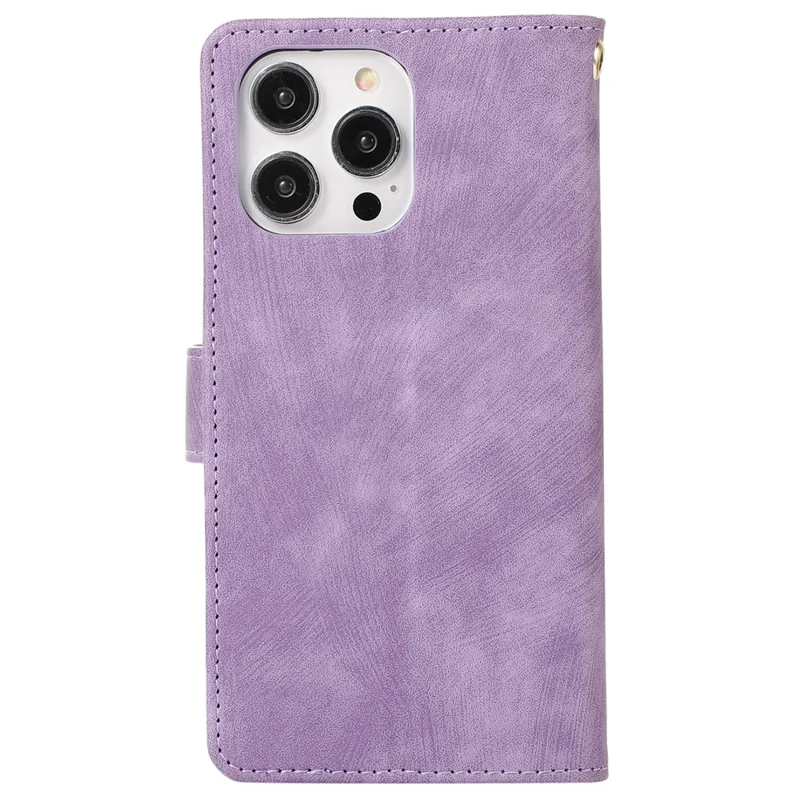 For iPhone 15 Pro Max Phone Case Zipper Pocket Splicing Style PU Leather Phone Cover with Multiple Card Slots - Purple