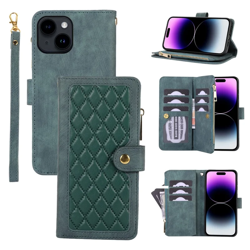 For iPhone 15 Zipper Pocket Phone Shell Splicing Style PU Leather Case Phone Cover with Multiple Card Slots - Green