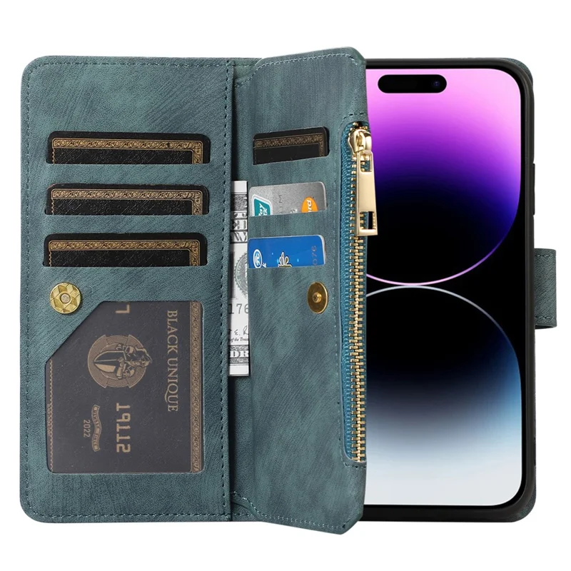 For iPhone 15 Zipper Pocket Phone Shell Splicing Style PU Leather Case Phone Cover with Multiple Card Slots - Green