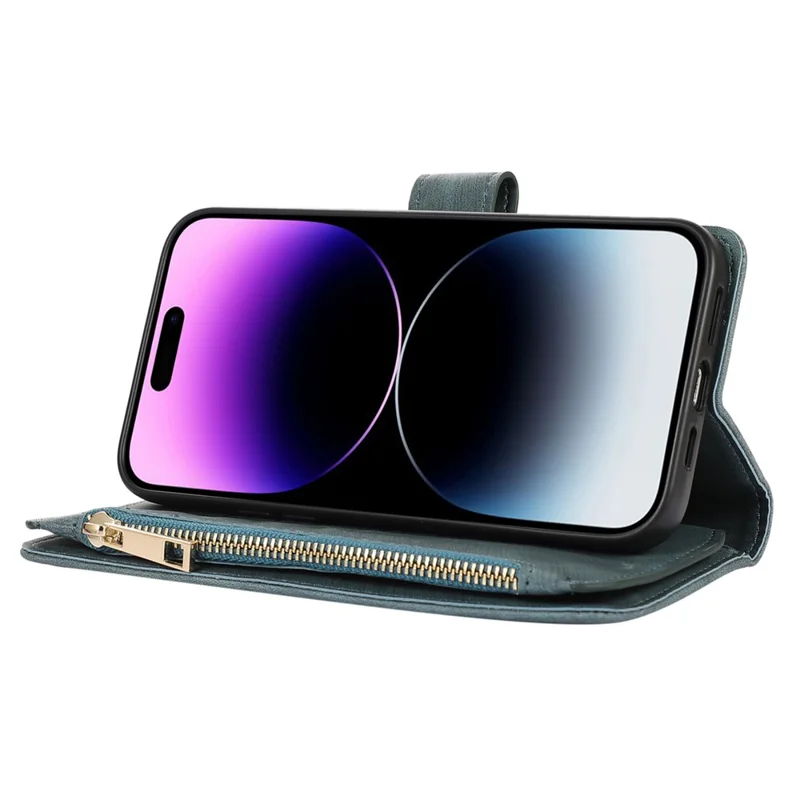 For iPhone 15 Zipper Pocket Phone Shell Splicing Style PU Leather Case Phone Cover with Multiple Card Slots - Green