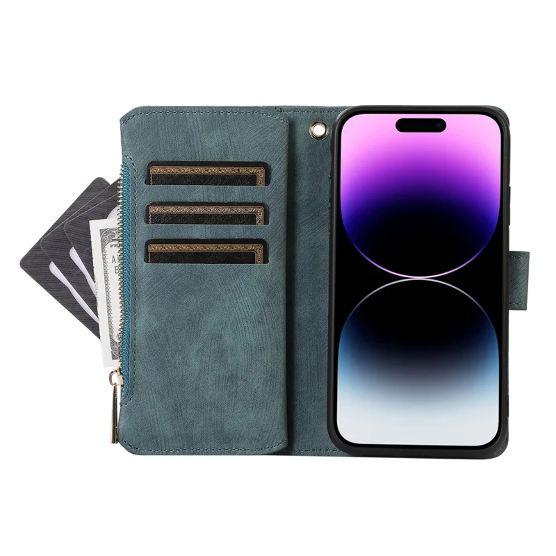 For iPhone 15 Zipper Pocket Phone Shell Splicing Style PU Leather Case Phone Cover with Multiple Card Slots - Green