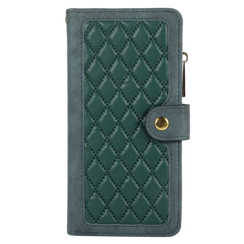 For iPhone 15 Zipper Pocket Phone Shell Splicing Style PU Leather Case Phone Cover with Multiple Card Slots - Green