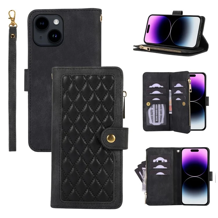 Pour iPhone 15 Plus Splicing Style PU Leather Case Zipper Pocket Rhombus Phone Cover with Multiple Card Slots - Noir