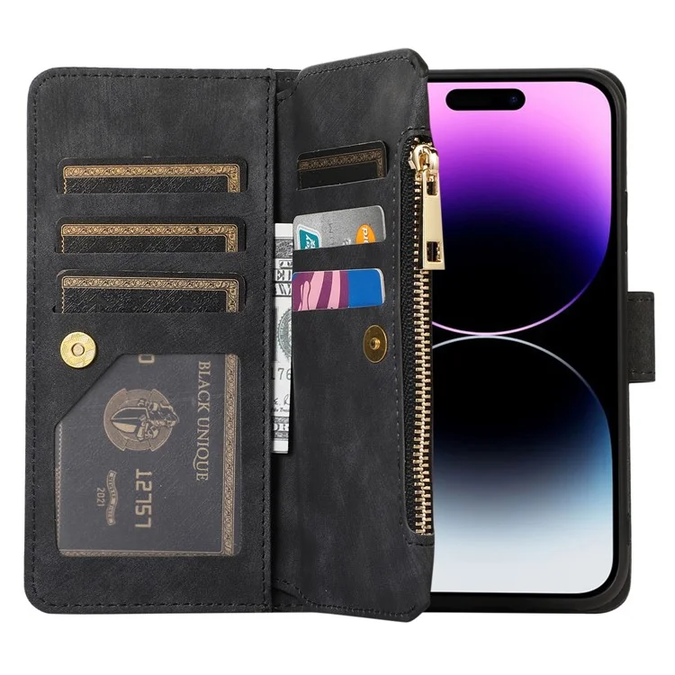Pour iPhone 15 Plus Splicing Style PU Leather Case Zipper Pocket Rhombus Phone Cover with Multiple Card Slots - Noir