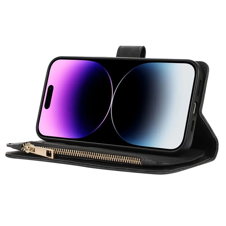 Pour iPhone 15 Plus Splicing Style PU Leather Case Zipper Pocket Rhombus Phone Cover with Multiple Card Slots - Noir