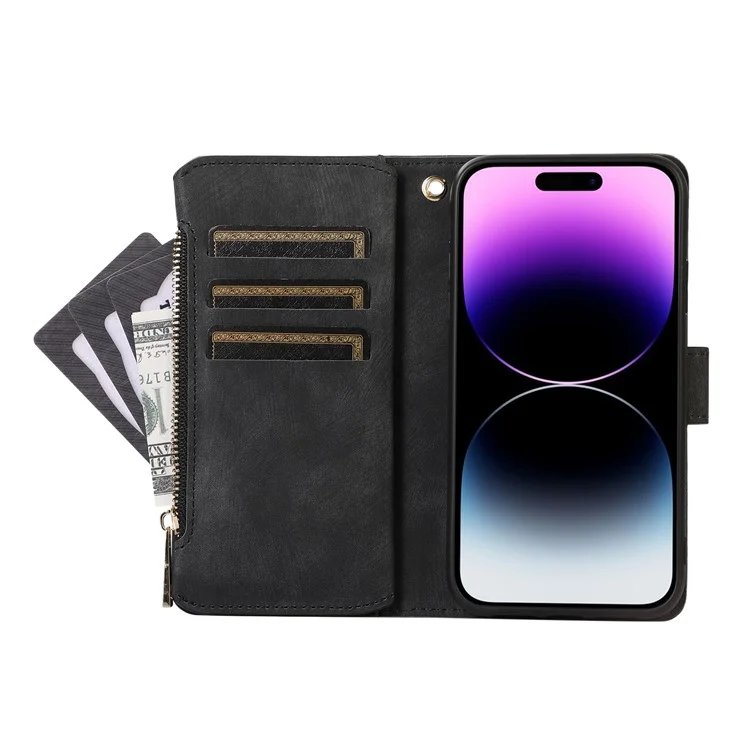 Pour iPhone 15 Plus Splicing Style PU Leather Case Zipper Pocket Rhombus Phone Cover with Multiple Card Slots - Noir