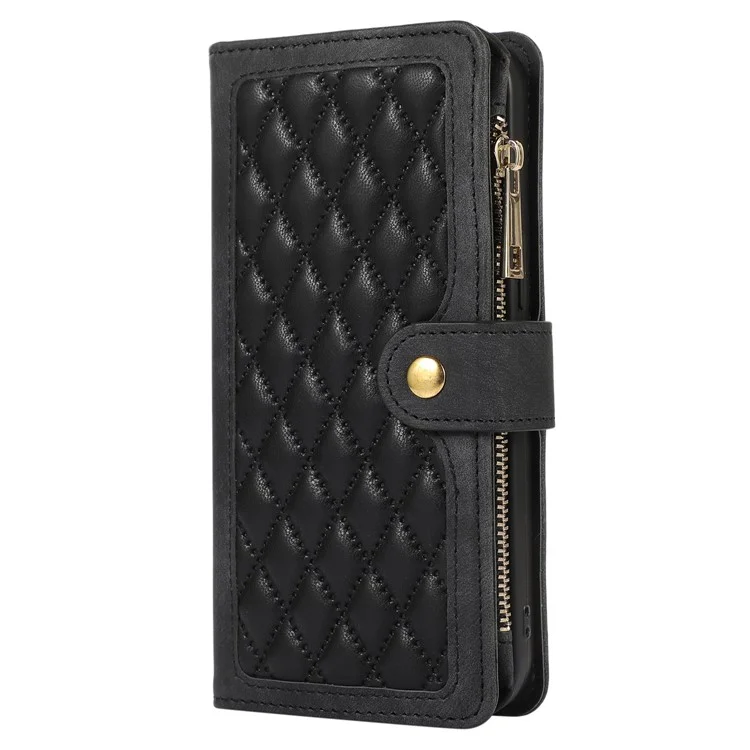 Pour iPhone 15 Plus Splicing Style PU Leather Case Zipper Pocket Rhombus Phone Cover with Multiple Card Slots - Noir