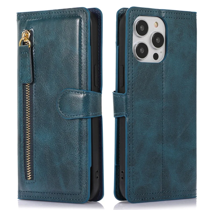For iPhone 15 Pro Max Wallet Drop-proof PU Leather Case Zipper Pocket Flip Stand Phone Cover - Blue
