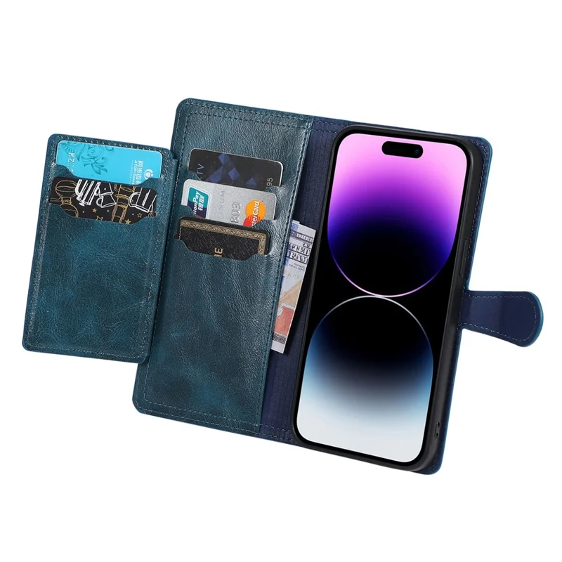For iPhone 15 Pro Max Wallet Drop-proof PU Leather Case Zipper Pocket Flip Stand Phone Cover - Blue