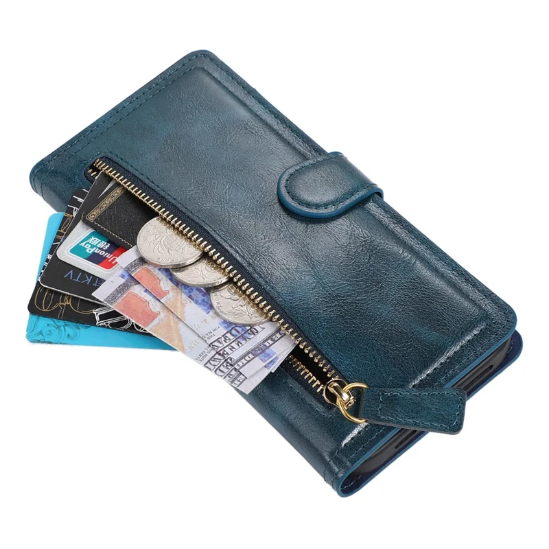 For iPhone 15 Pro Max Wallet Drop-proof PU Leather Case Zipper Pocket Flip Stand Phone Cover - Blue