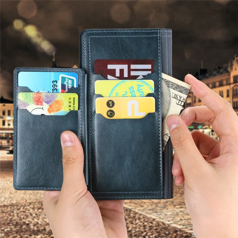 For iPhone 15 Pro Max Wallet Drop-proof PU Leather Case Zipper Pocket Flip Stand Phone Cover - Blue