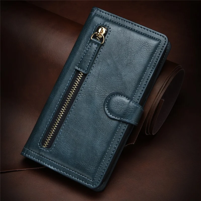 For iPhone 15 Pro Max Wallet Drop-proof PU Leather Case Zipper Pocket Flip Stand Phone Cover - Blue