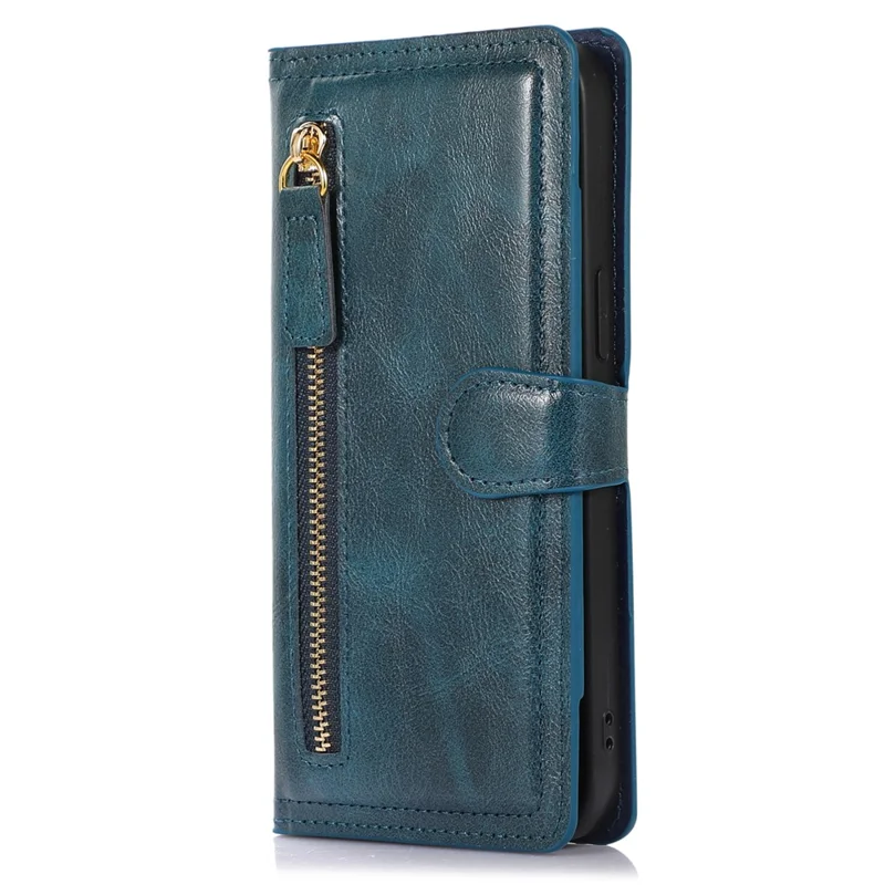 For iPhone 15 Pro Max Wallet Drop-proof PU Leather Case Zipper Pocket Flip Stand Phone Cover - Blue