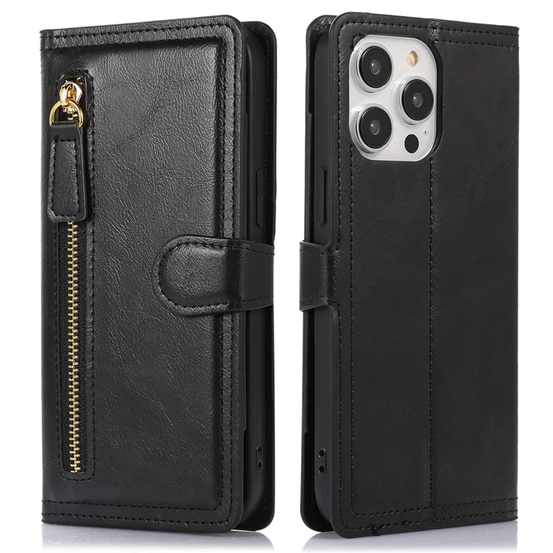 Für iPhone 15 Pro Stoßfeste PU-Leder-Hülle Brieftasche Reißverschlusstaschen Flip-Ständer Handyhülle - Schwarz