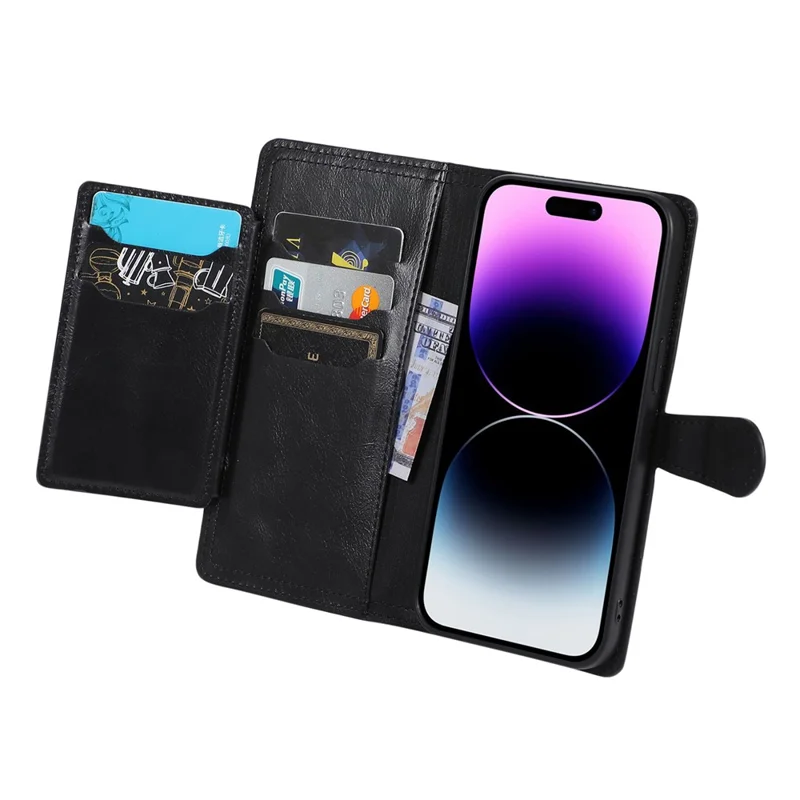 Für iPhone 15 Pro Stoßfeste PU-Leder-Hülle Brieftasche Reißverschlusstaschen Flip-Ständer Handyhülle - Schwarz