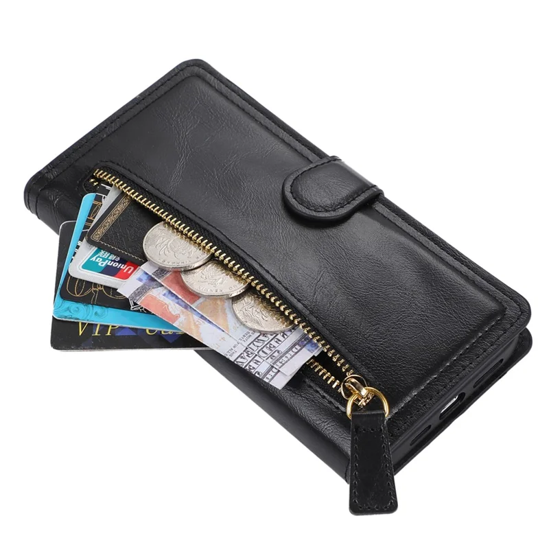 Für iPhone 15 Pro Stoßfeste PU-Leder-Hülle Brieftasche Reißverschlusstaschen Flip-Ständer Handyhülle - Schwarz