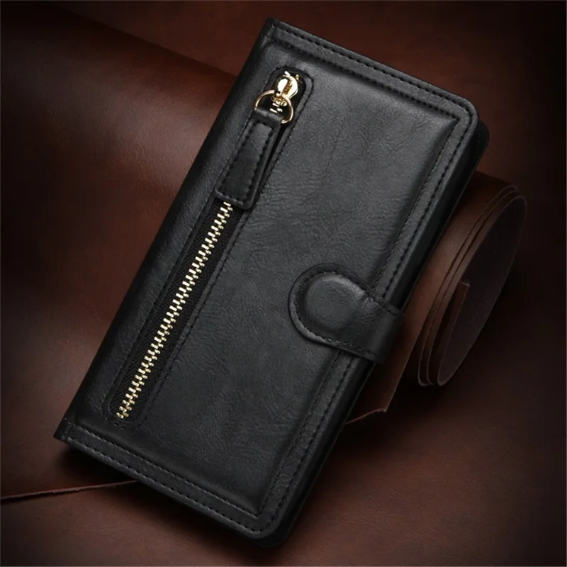 Für iPhone 15 Pro Stoßfeste PU-Leder-Hülle Brieftasche Reißverschlusstaschen Flip-Ständer Handyhülle - Schwarz