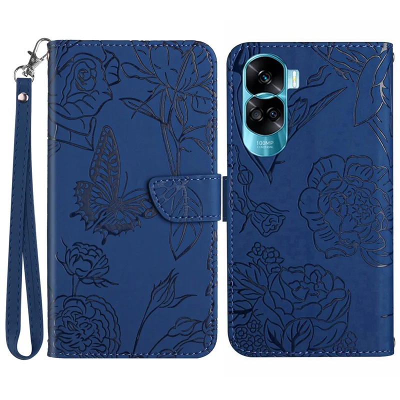 HT03 For Honor 90 Lite 5G / X50i 5G Handyhülle mit Portemonnaie PU-Leder mit Prägung Schmetterling Blumen Ständer Cover mit Handschlaufe - Blau