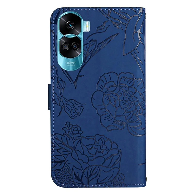 HT03 For Honor 90 Lite 5G / X50i 5G Handyhülle mit Portemonnaie PU-Leder mit Prägung Schmetterling Blumen Ständer Cover mit Handschlaufe - Blau