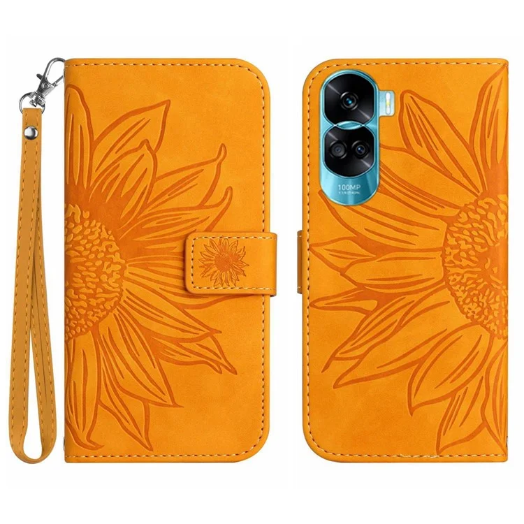 Étui debout pour portefeuille HT04 pour Honor 90 Lite 5G / X50i 5G, Étui de téléphone en cuir à motif tournesol avec sangle à main - Jaune