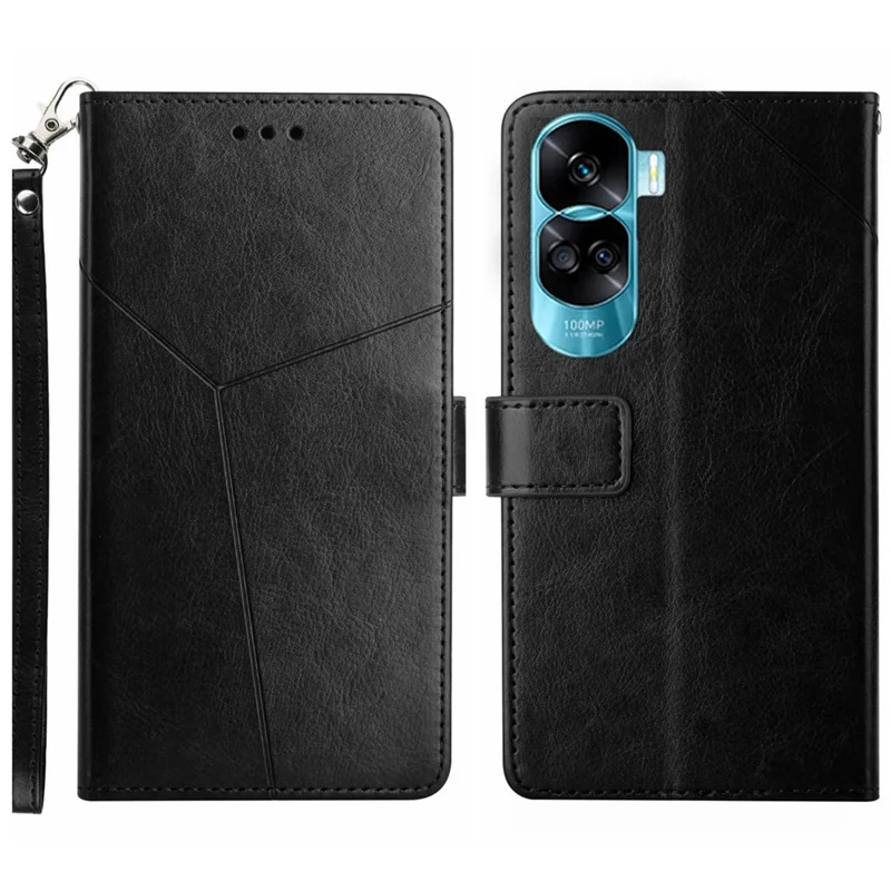 HT01 PU Leather Cover per Honor 90 Lite 5G / X50i 5G, Portafoglio a Libro con Linee a Y Stampate, Cover Telefonica - Nero