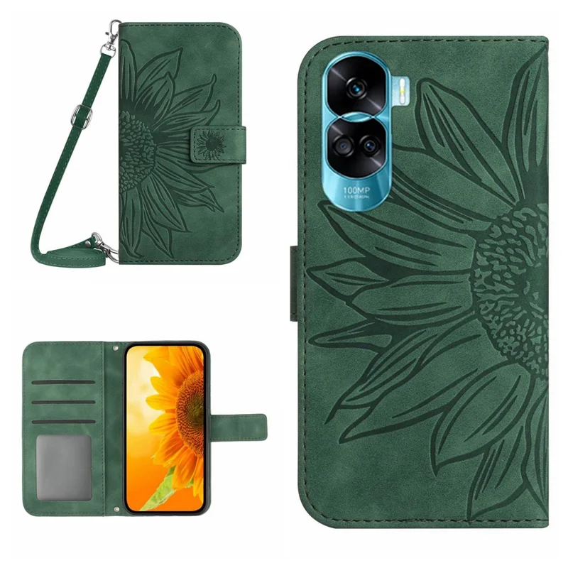 HT04 For Honor 90 Lite 5G / X50i 5G Stand Cover Sonnenblumen-Prägung PU-Leder Brieftasche Handyhülle mit Schultergurt - Dunkelgrün