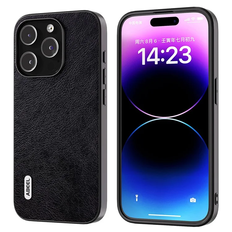 ABEEL Carcasa trasera para iPhone 15 Pro Funda de teléfono Textura Litchi Cuero PU Revestido TPU a Prueba de Golpes - Negro