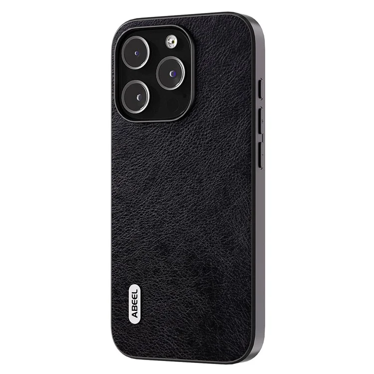 ABEEL Carcasa trasera para iPhone 15 Pro Funda de teléfono Textura Litchi Cuero PU Revestido TPU a Prueba de Golpes - Negro