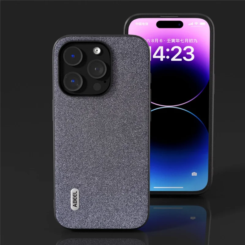 ABEEL For iPhone 15 Pro Max Glitter Drop-proof Phone Case PU Leather Coated TPU Back Cover - Black