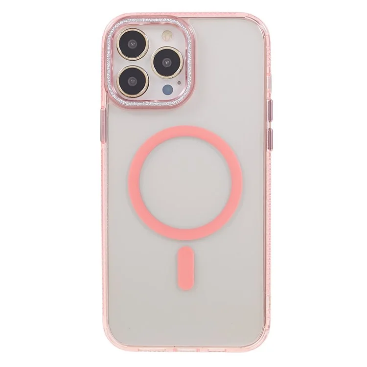 For iPhone 14 Pro Max Phone Case Compatible with MagSafe TPU+PC+Aluminum Alloy Phone Cover Glittery Powder Shell - Pink