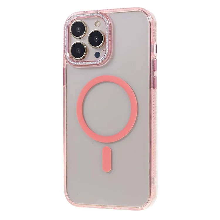 For iPhone 14 Pro Max Phone Case Compatible with MagSafe TPU+PC+Aluminum Alloy Phone Cover Glittery Powder Shell - Pink