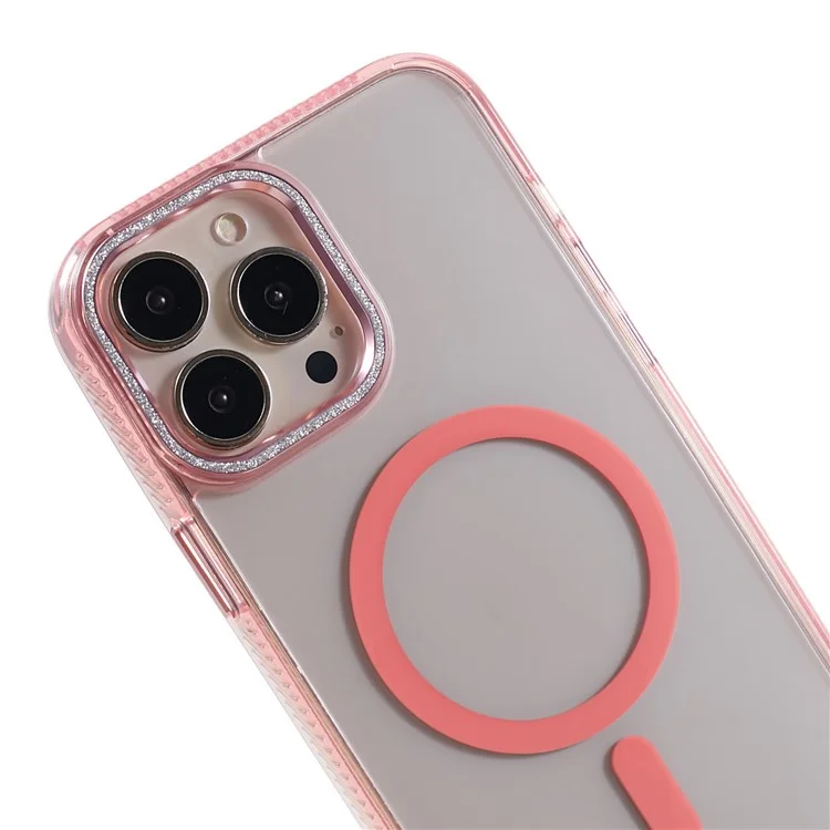 For iPhone 14 Pro Max Phone Case Compatible with MagSafe TPU+PC+Aluminum Alloy Phone Cover Glittery Powder Shell - Pink