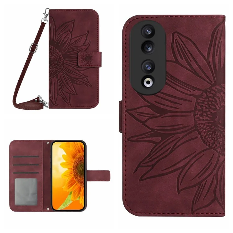HT04 For Honor 90 PU Leather Wallet Sunflower Imprint Case Stand Phone Cover with Shoulder Strap - Vinho Tinto