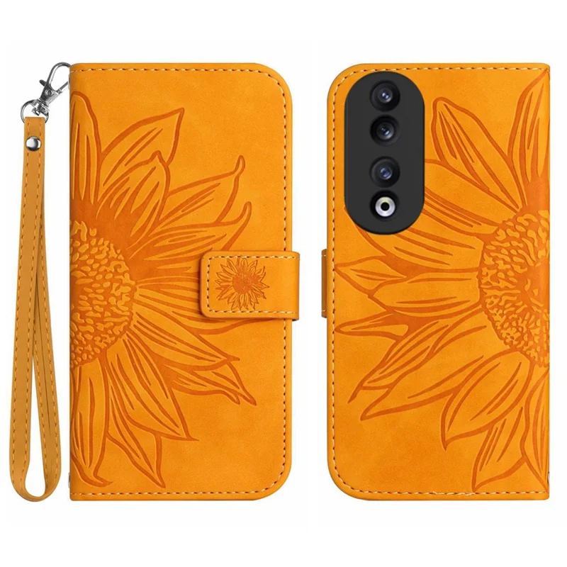 HT04 Sunflower Pattern Leather Case for Honor 90 , Wallet Stand Phone Cover with Hand Strap - Yellow