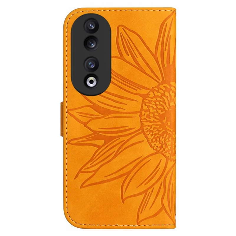 HT04 Sunflower Pattern Leather Case for Honor 90 , Wallet Stand Phone Cover with Hand Strap - Yellow